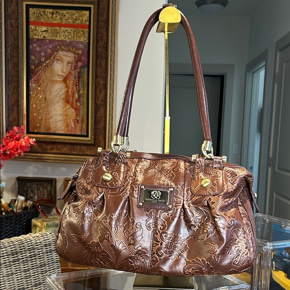 Sharif Bronze Floral Embossed Leather Satchel 14”x 9.5”x 5.25” NWOT - Picture 2 of 9